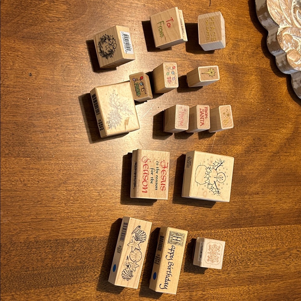 Assorted Wooden Stamps - Halloween, Christmas, Birthday, fall, spiral shapes